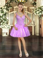 Custom Made Lilac Dress for Prom Prom and Party with Beading and Ruffles V-neck Sleeveless Lace Up