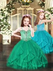 Affordable Turquoise Ball Gowns Beading and Ruffles Womens Party Dresses Lace Up Tulle Sleeveless Floor Length