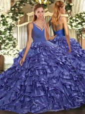 Lavender Organza Backless Quinceanera Gown Sleeveless With Train Sweep Train Ruffles