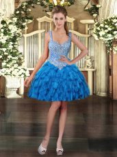 Fantastic Blue Sleeveless Beading and Ruffles Mini Length Prom Gown