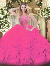 Super Hot Pink Halter Top Neckline Beading and Ruffles Quince Ball Gowns Sleeveless Zipper