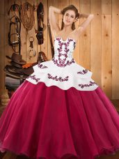 Sumptuous Hot Pink Lace Up Strapless Embroidery Quinceanera Dress Satin and Organza Sleeveless