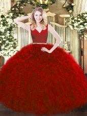 Enchanting Red Ball Gowns Beading and Ruffles 15th Birthday Dress Zipper Tulle Sleeveless Floor Length