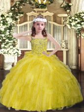 Custom Designed Yellow Green Straps Neckline Beading and Ruffles Pageant Dress for Girls Sleeveless Lace Up