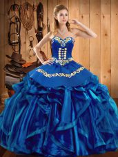 Discount Blue Lace Up Sweetheart Embroidery and Ruffles Quinceanera Gown Organza Sleeveless