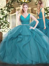 Smart Teal Tulle Zipper Ball Gown Prom Dress Sleeveless Floor Length Beading and Ruffles