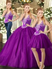 Purple Sleeveless Floor Length Beading Lace Up Ball Gown Prom Dress