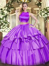 Eggplant Purple Criss Cross High-neck Ruffled Layers Ball Gown Prom Dress Tulle Sleeveless
