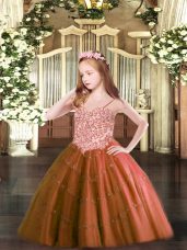 New Arrival Rust Red Spaghetti Straps Lace Up Appliques Child Pageant Dress Sleeveless