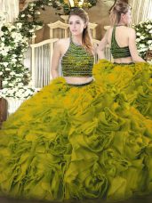 Olive Green Tulle Zipper Halter Top Sleeveless Floor Length Quinceanera Gown Beading and Ruffles