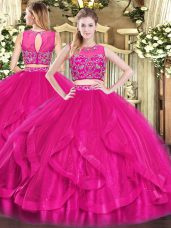 Hot Selling Hot Pink Two Pieces Beading and Ruffles Quinceanera Dress Zipper Tulle Sleeveless Floor Length