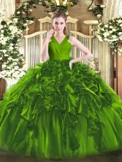 Charming Olive Green Organza Zipper V-neck Sleeveless Floor Length Quinceanera Gowns Ruffles