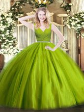 Perfect Floor Length Olive Green Sweet 16 Dress V-neck Sleeveless Zipper