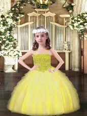 Yellow Organza Lace Up Spaghetti Straps Sleeveless Floor Length Casual Dresses Beading and Ruffles