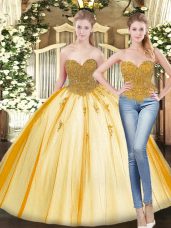 Gold Sleeveless Beading and Appliques Floor Length Sweet 16 Quinceanera Dress