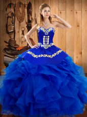 Glittering Royal Blue Ball Gowns Sweetheart Sleeveless Satin and Organza Floor Length Lace Up Embroidery and Ruffles 15 Quinceanera Dress