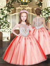 Coral Red Ball Gowns Scoop Sleeveless Tulle Floor Length Zipper Beading and Appliques Little Girls Pageant Gowns