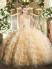 Stunning Floor Length Champagne 15 Quinceanera Dress Organza Sleeveless Beading and Ruffled Layers