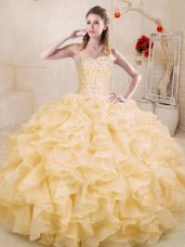 Enchanting Gold Sleeveless Beading and Ruffles Floor Length Ball Gown Prom Dress