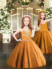 Tulle Spaghetti Straps Sleeveless Lace Up Beading Party Dress for Toddlers in Orange