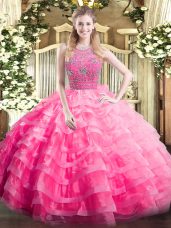 Vintage Sleeveless Organza Floor Length Zipper Quince Ball Gowns in Rose Pink with Beading and Ruffled Layers