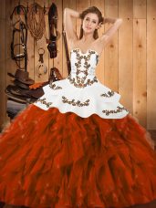 Rust Red Lace Up Sweet 16 Quinceanera Dress Embroidery and Ruffles Sleeveless Floor Length