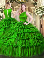 Ideal Sleeveless Floor Length Ruffled Layers Clasp Handle Sweet 16 Dresses with Green