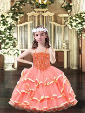 Sleeveless Organza Floor Length Lace Up Little Girl Pageant Gowns in Watermelon Red with Beading and Ruffled Layers