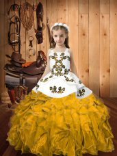 Gold Sleeveless Embroidery and Ruffles Floor Length Little Girl Pageant Gowns