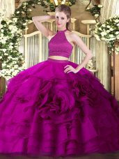 Custom Design Fuchsia Sleeveless Floor Length Beading and Ruffles Backless Quinceanera Gowns