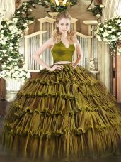 Floor Length Two Pieces Sleeveless Olive Green Ball Gown Prom Dress Zipper