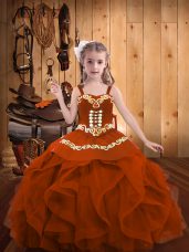 Rust Red Straps Neckline Embroidery and Ruffles Little Girls Pageant Dress Wholesale Sleeveless Lace Up