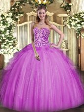 Fuchsia Sleeveless Floor Length Beading and Ruffles Lace Up Sweet 16 Dress