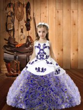 Super Multi-color Ball Gowns Straps Sleeveless Fabric With Rolling Flowers Floor Length Lace Up Embroidery and Ruffles Little Girls Pageant Dress