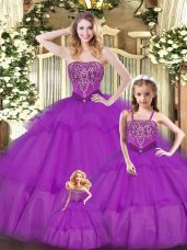 Great Purple Sleeveless Floor Length Ruffled Layers Lace Up Sweet 16 Quinceanera Dress