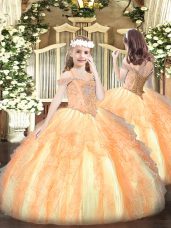 Sweet Off The Shoulder Sleeveless Little Girls Pageant Gowns Floor Length Beading and Ruffles Orange Organza