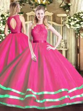 Floor Length Hot Pink Sweet 16 Dresses Scoop Sleeveless Zipper