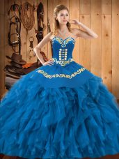 Nice Blue 15 Quinceanera Dress Military Ball and Sweet 16 and Quinceanera with Embroidery and Ruffles Sweetheart Sleeveless Lace Up