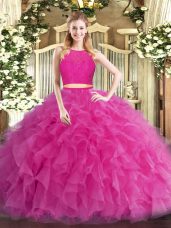 Hot Pink Two Pieces Tulle Scoop Sleeveless Ruffles Floor Length Zipper 15th Birthday Dress