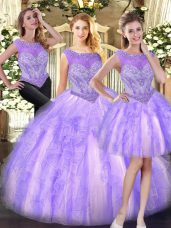 Decent Scoop Sleeveless 15 Quinceanera Dress Floor Length Beading and Ruffles Lilac Tulle