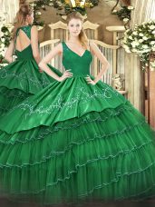 Low Price V-neck Sleeveless Quinceanera Gown Floor Length Beading and Lace and Embroidery and Ruffled Layers Dark Green Organza and Taffeta