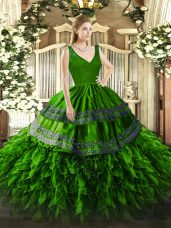 Great V-neck Sleeveless Ball Gown Prom Dress Floor Length Beading and Lace and Ruffles Green Organza