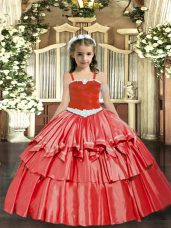 Coral Red Ball Gowns Appliques and Ruffled Layers Little Girls Pageant Dress Wholesale Lace Up Organza Sleeveless Floor Length