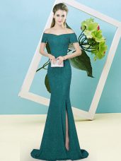 Popular Turquoise Short Sleeves Sweep Train Sequins Homecoming Dress