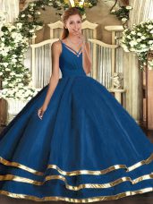 Ruching Quinceanera Gown Blue Backless Sleeveless Floor Length