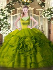 Edgy Olive Green Organza Side Zipper Ball Gown Prom Dress Sleeveless Floor Length Beading and Ruffled Layers