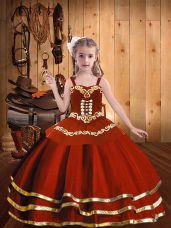Rust Red Straps Neckline Embroidery and Ruffles Girls Pageant Dresses Sleeveless Lace Up