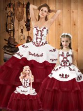 Best Lace Up Sweet 16 Dresses Wine Red for Military Ball and Sweet 16 and Quinceanera with Embroidery Sweep Train