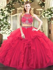 Edgy Coral Red Scoop Neckline Beading and Ruffles 15th Birthday Dress Sleeveless Zipper