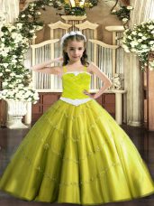 Fancy Tulle Straps Sleeveless Lace Up Appliques Kids Pageant Dress in Yellow Green